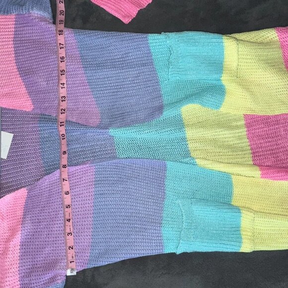 Pastel Rainbow Knit Long Sleeve Cardigan Lightweight Spring Pockets Colorblock - Picture 13 of 16